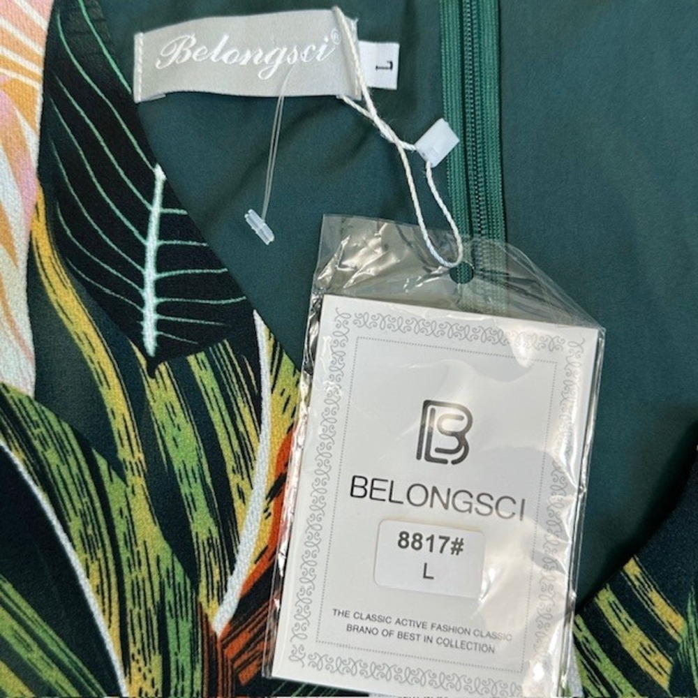 NWT Belongsci Leaf Print V-Neck Dress Bell Sleeve Bohemian Mini Dress Sz‎ Lg - Picture 16 of 16